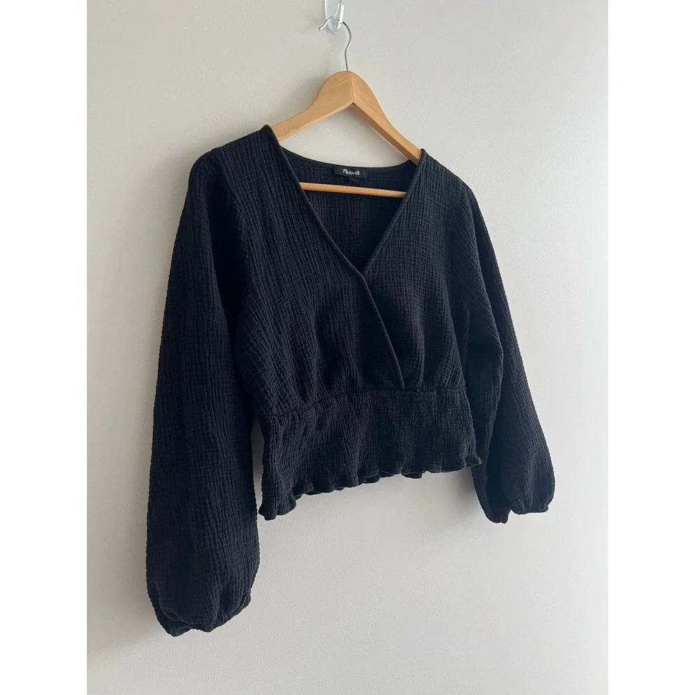 Madewell Lightspun Julianne Smocked Waist Top Black Gauze Crop Large Boho Spring